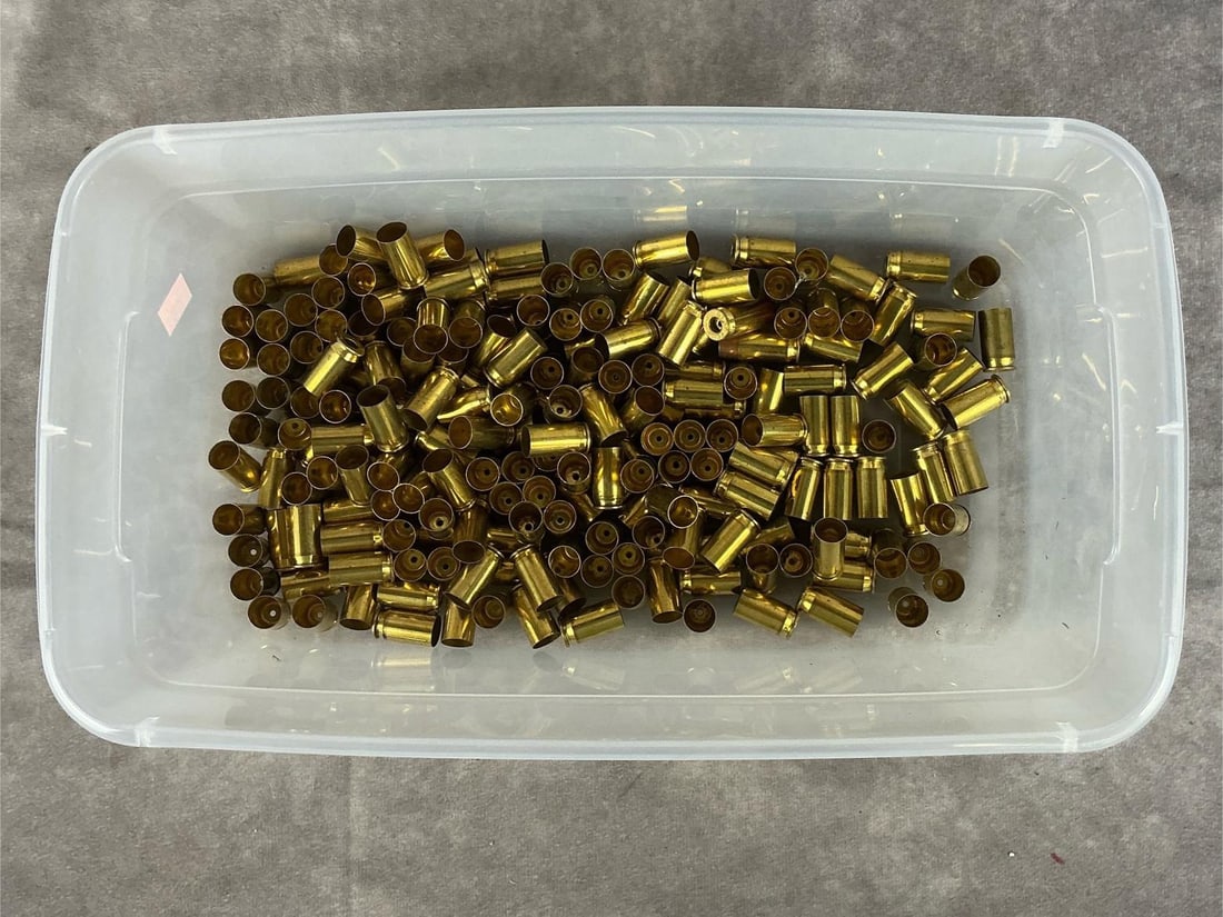 Remington-Peters 45 ACP Brass Casings: 205 total. New brass casings. Container measures 12 inches long X 8 inches wide X 5 inches high.