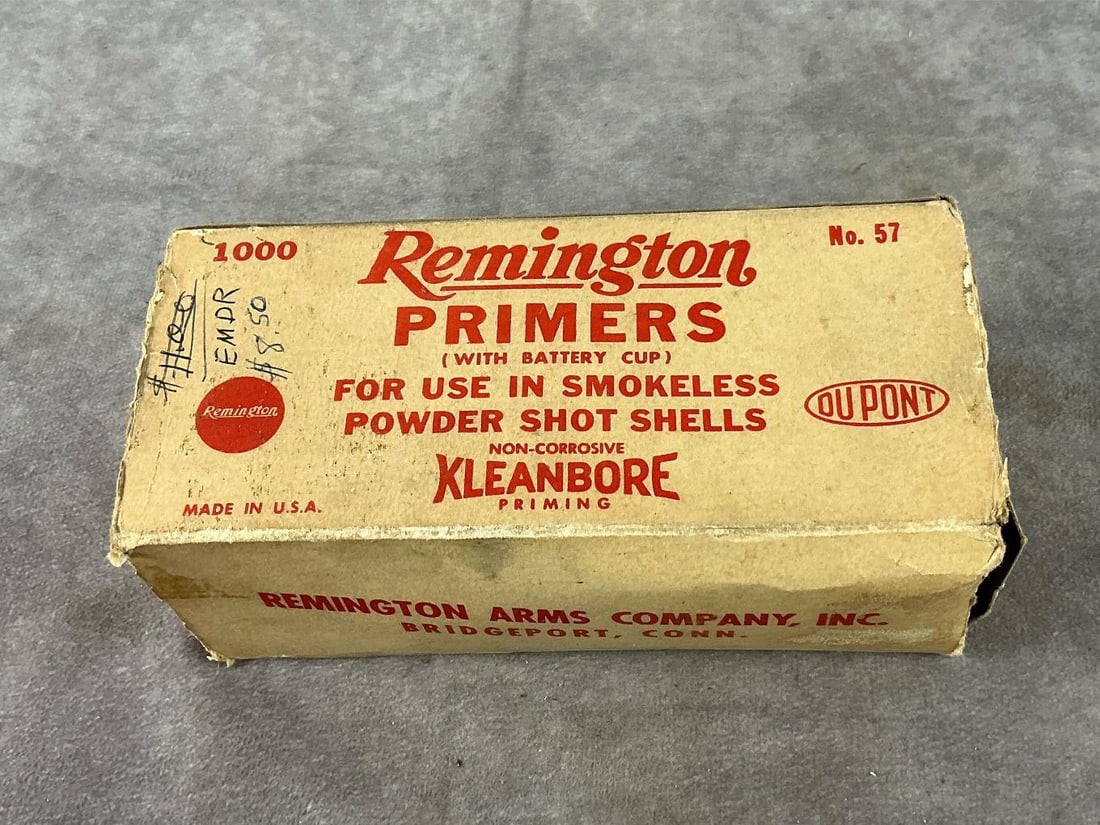 Remington Number 57 Primers: 900 total. Vintage shot shell primers. Box measures 7 inches long X 3 inches wide X 3 inches high.