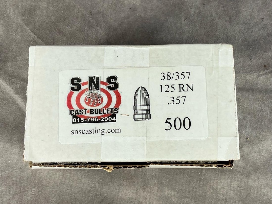 SNS 38/357 Bullets: 500 total. .357 Dia. cast bullets. Box measures 6 inches long X 3.5 inches wide X 3 inches high,
