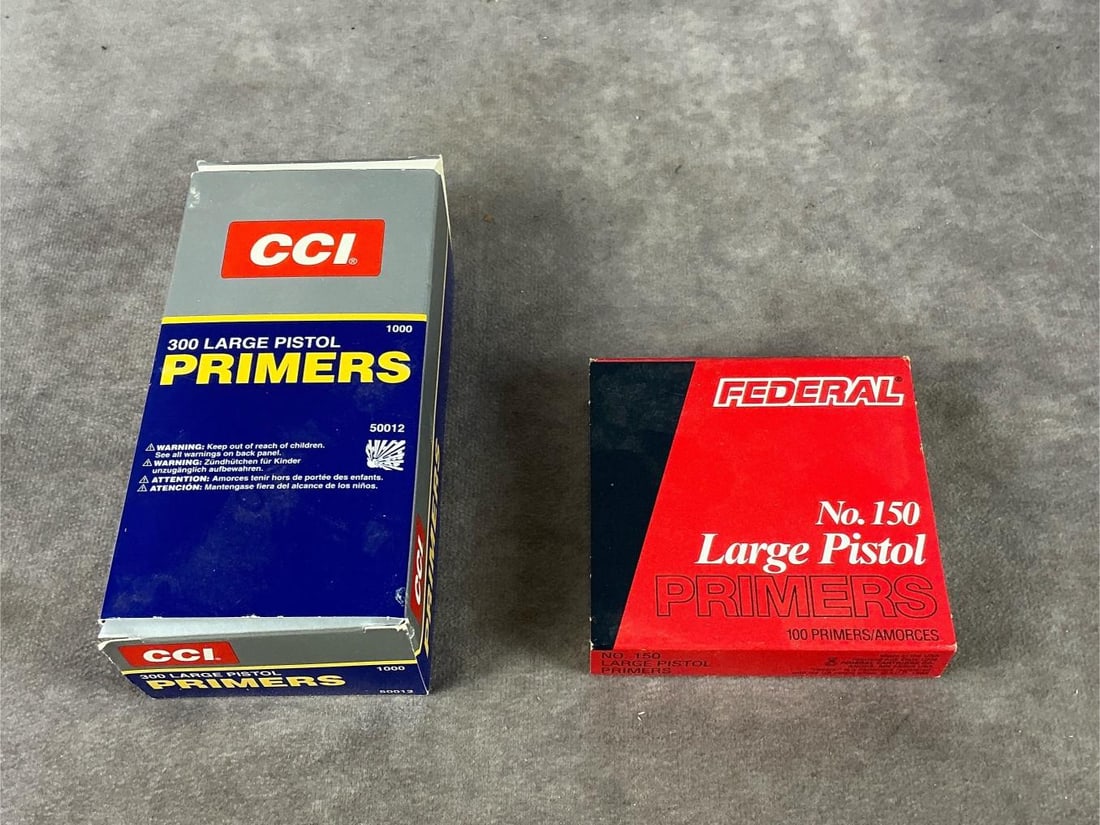 CCI and Federal Primers: 1000 total CCI large pistol primers and 90 Federal large pistol primers. Largest box measures 5.5 inches long X 2.75 inches wide X 1.75 inches high. LOCAL PICK UP ONLY