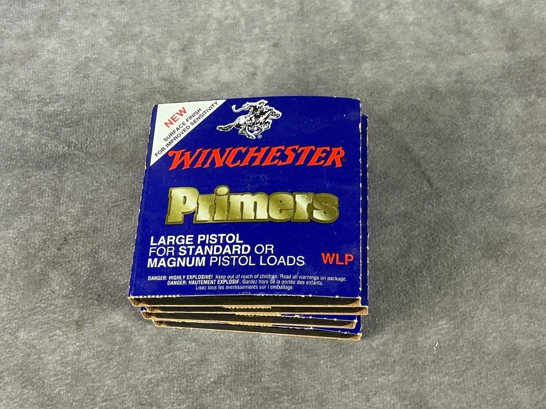 Winchester Primers: 325 total. Standard or Magnum pistol primers. Box measures 3 inches long X 3 inches wide X .25 inches high. LOCAL PICK UP ONLY