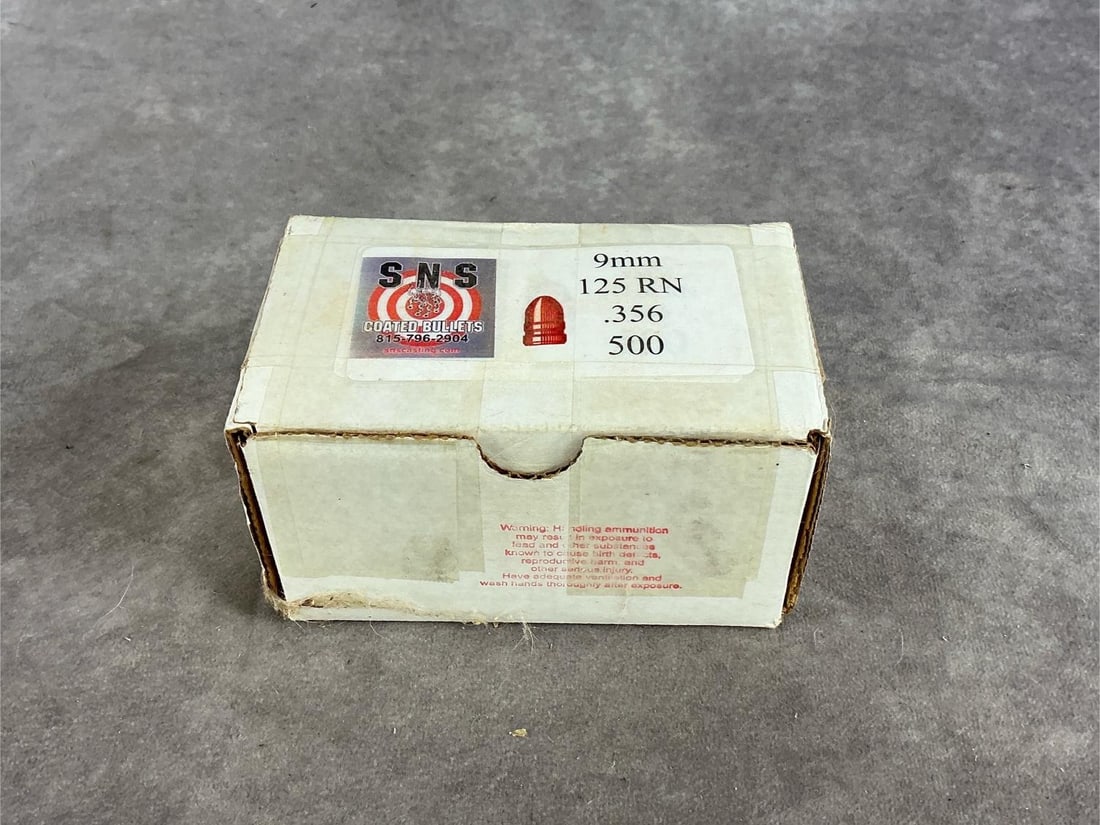 SNS 9 MM Cast Bullets: 500 total 125 GR .356 Dia. Bullets. Unopened box. Box measures 6 inches long X 3.5 inches wide X 3.25 inches high.