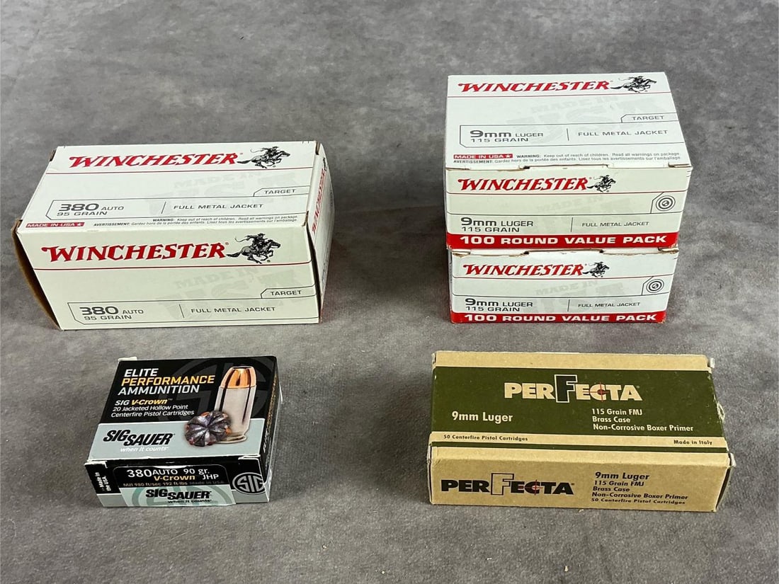 Winchester, Sig Sauer, Perfecta 380 Auto and 9 MM Luger Ammunition: 370 total rounds. 90 GR, 95 GR and 115 GR. Largest box measures 5 inches long X 2.5 inches wide X 2.5 inches high.