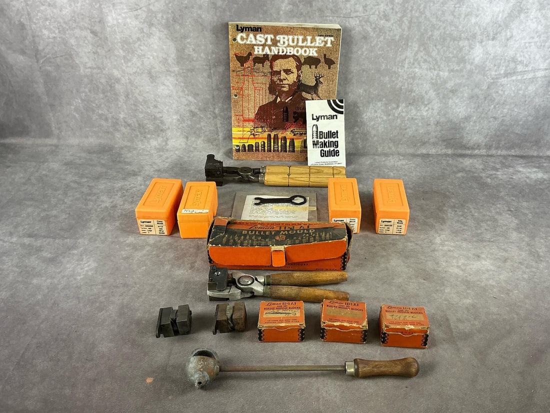 Lyman Cast Bullet Making Setup: 1 lot as pictured. Modern and vintage bullet mold set. Largest item measures 9 inches X 11 inches X 1.25 inches.