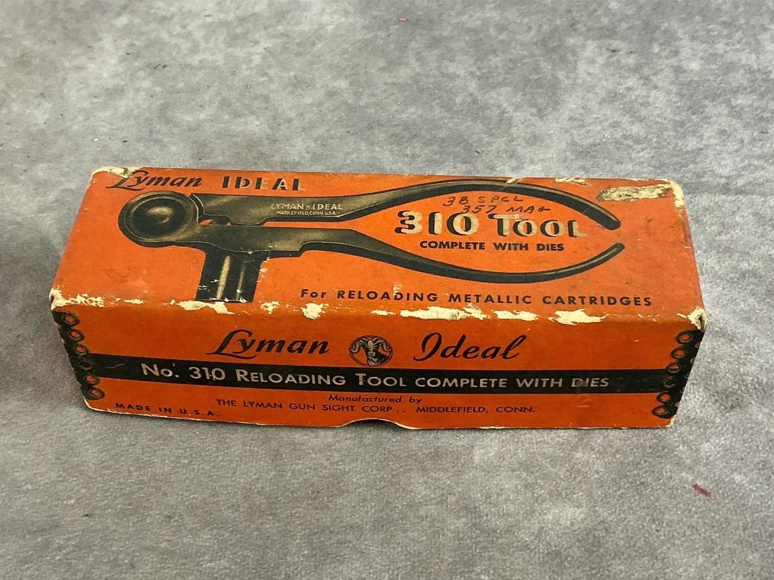 Lyman Ideal Hand Loading Tool: Model 310 with dies. Box measures 7.5 inches long X 2.5 inches wide X 2 inches high.