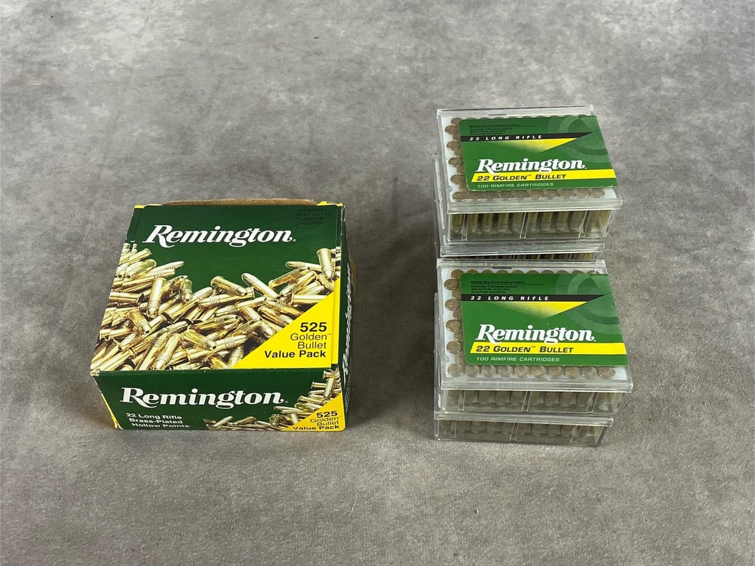 Remington 22 Long Rifle Ammunition: 1025 rounds. 36 GR golden. Largest box measures 4.25 inches long X 4.5 inches wide X 2 inches high.