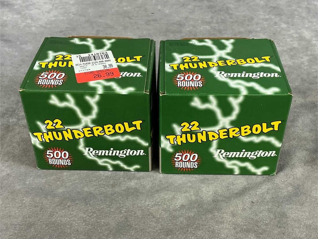 Remington 22 Long Rifle Ammunition: 1000 rounds 40 GR thunderbolt. Box measures 3.5 inches long X 3.25 inches wide X 3 inches high.
