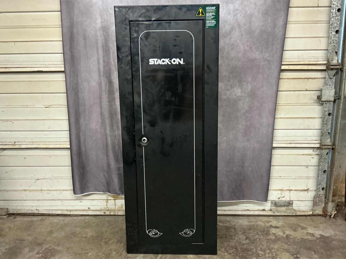 Stack-On Gun Safe: Damaged, scratched and bent, lock broken. Holds fourteen long guns or shotguns. Measures 21 inches long X 16 inches deep X 55 inches high.