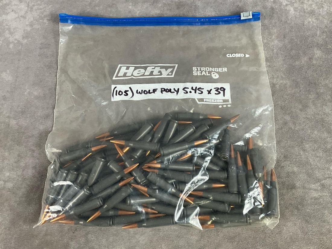 Wolf 5.45 X 39 Ammunition: 105 rounds Polyformance 60 GR full metal jacket. Bag measures 10 inches long X 10 inches wide X 2 inches high.