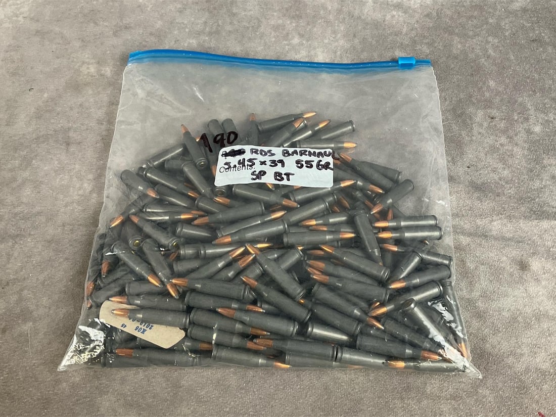 Barnaul 5.45 X 39 Ammunition: 190 total rounds. 55 GR soft point, boat tail. In good condition. Bag measures 10 inches long X 10 inches wide X 2 inches high.