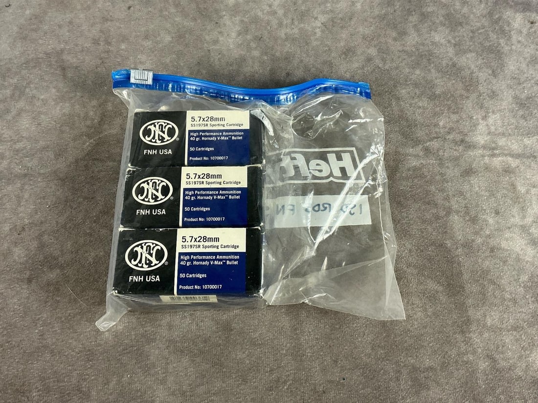 FN 5.7 X 28 Ammunition: 150 total rounds.40 GR high performance. In good condition. Bag measures 4.5 inches long X 3.5 inches wide X 1.75 inches high.