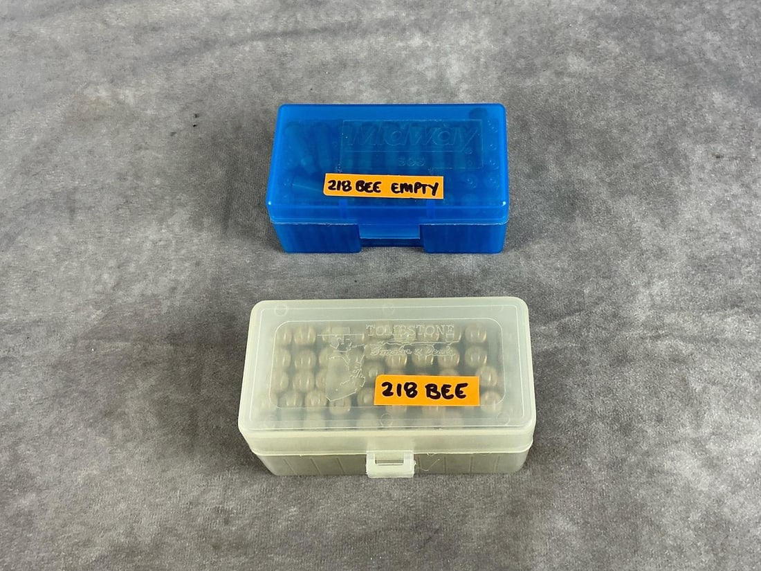 Winchester .218 Bee Ammunition: 1 lot two items 45 total rounds unfired and 60 fired cases. Box measures 4.5 inches long X 2.25 inches wide X 2.5 inches high.