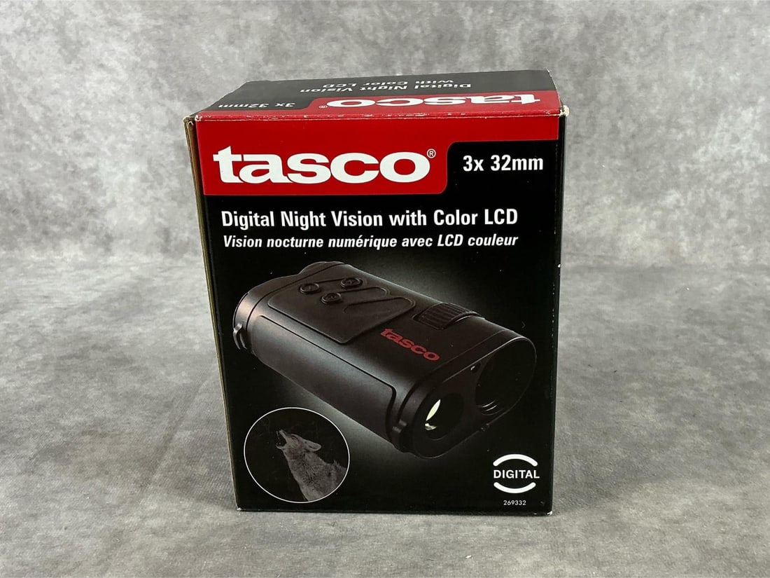 Tasco Digital Night Vision: Model # 269332 3 X 32 mm color. Used, untested and in good condition. Box measures 5.5 inches long X 3 inches wide X 6.5 inches high.