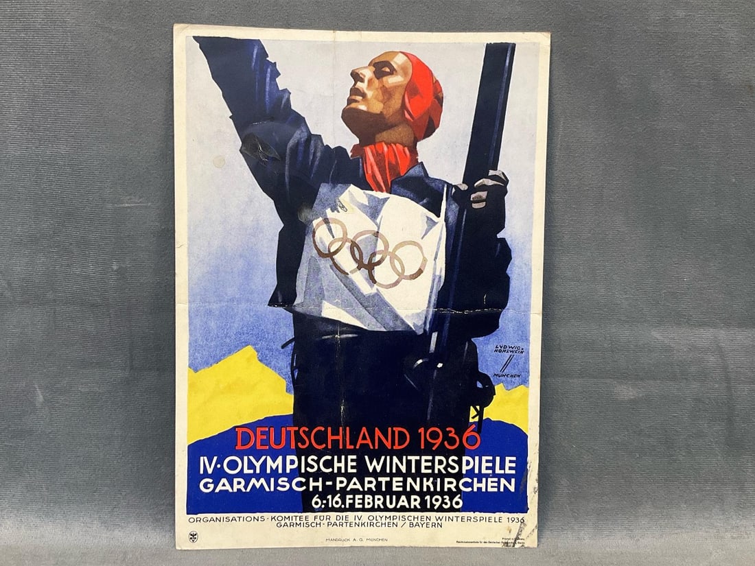 German Olympics 1936 Winter Poster: Original 1936 German "IV Winter Olympic Games" lithograph poster advertising the 1936 Winter Olympic Games in the Bavarian village venue of Garmisch - Partenkirchen, Germany on February 6-16 1936.