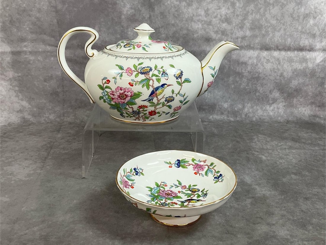 Pembroke Teapot & Dish: Vintage teapot and dish. Aynsley English Bone China titled "Pembroke ". Reproduction of 1800 design of flora and bird, with gold trim. In good condition. Teapot measures 10.5 inches long x 6 x 5