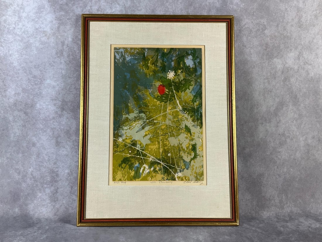 Garvey Abstract Painting: Mid century painting. Abstract artists proof by Albert Garvey titled "Wild Strawberry" matted and framed. In good condition. Measures 18.25 inches x .75 x 24.5 inches tall.