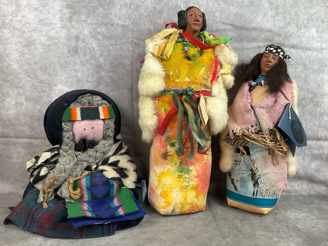 Collectible Native American Dolls: Three mid to late century dolls. Male Native American doll was made by Mary Lorca in Tucson, female doll is named "Red Wing", and Granny Doll is considered a "Little People" doll. All are made from