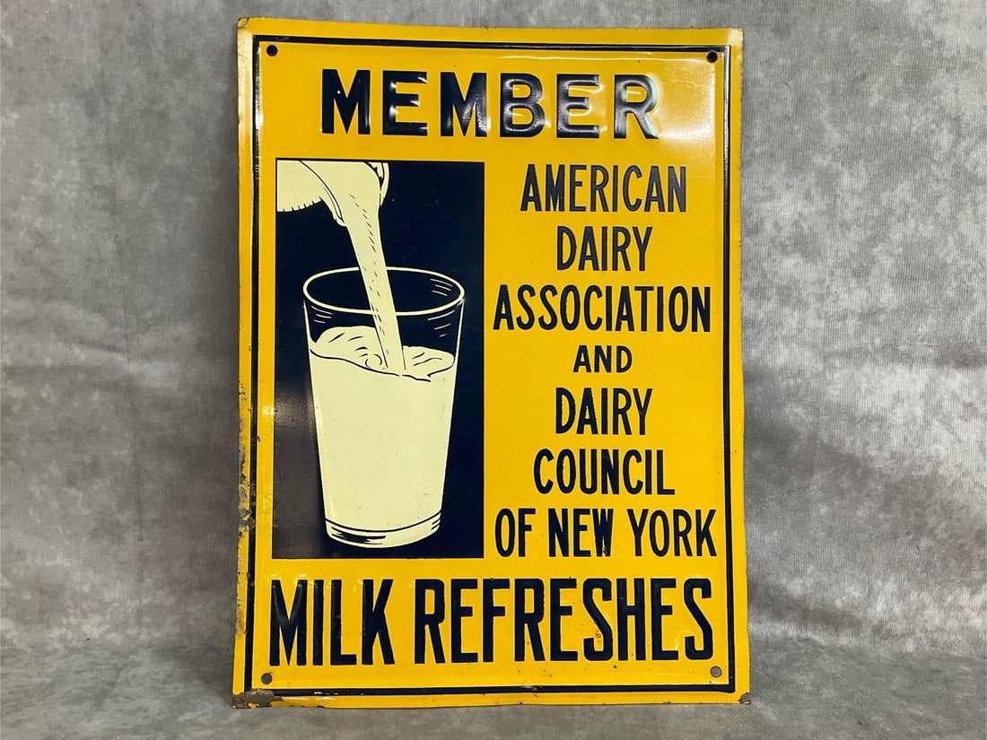 Vintage Dairy Association Sign: 1940's American Dairy Association and Dairy Council of New York metal sign. A little rust and scratches on side, otherwise in good condition. Measures 9 inches wide x 12 inches tall.