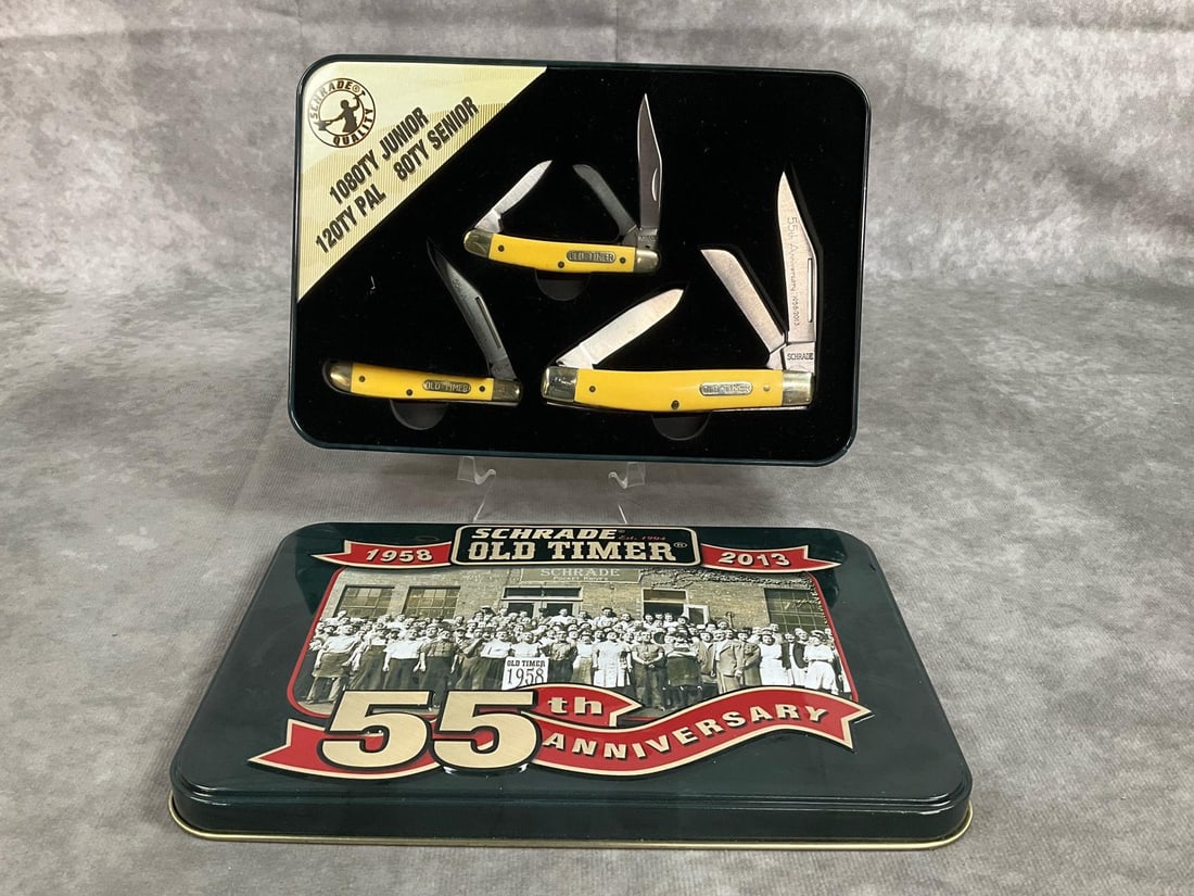 Shrade 55th Anniversary Knife Set: Three knife set from 2013. Box set includes 1080TY Junior, 120TY Pal, and 80TY Senior knives. Celebrating 55 year anniversary for Shrade Old Timer knives in tin display box. In good condition. Box