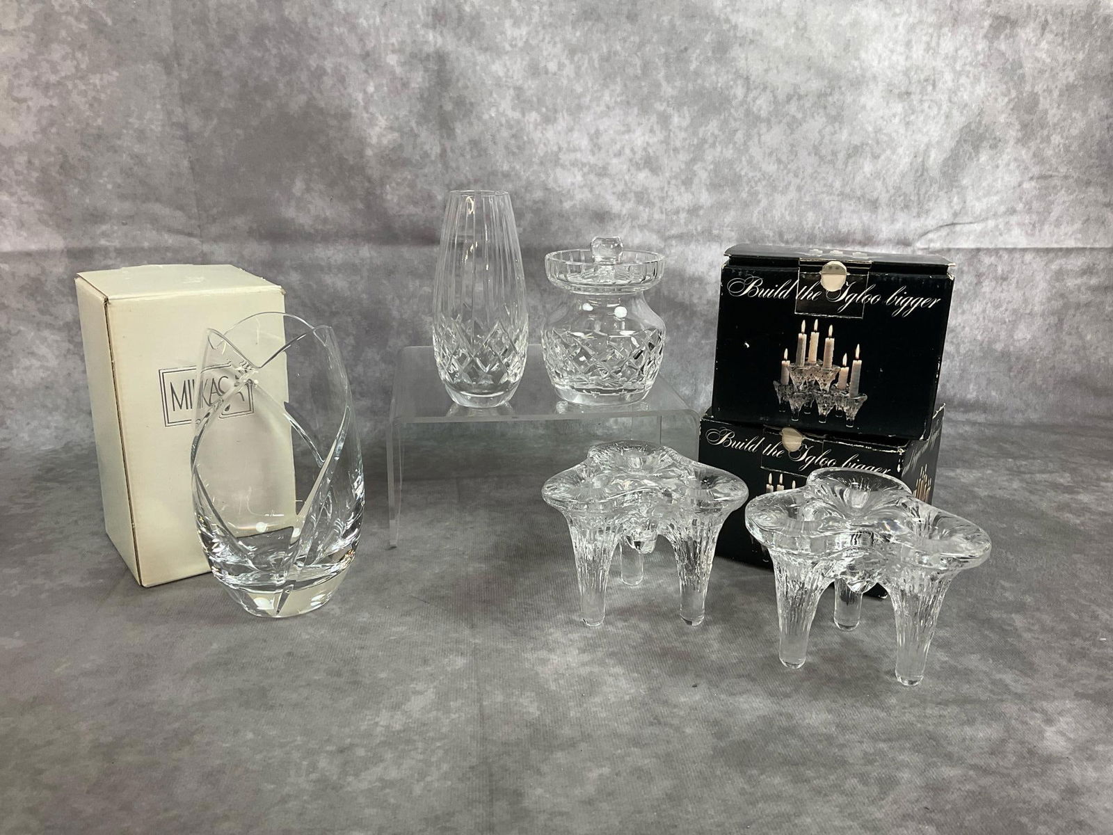 Cut Glass Vases & Candle Holders: Five mid century glass pieces. Two Kosta Sweden icicle art glass triple candle holders, Waterford cut glass honey jar with lid, Webb Corbett cut glass vase, and Mikasa Finesse cut crystal tulip vase.