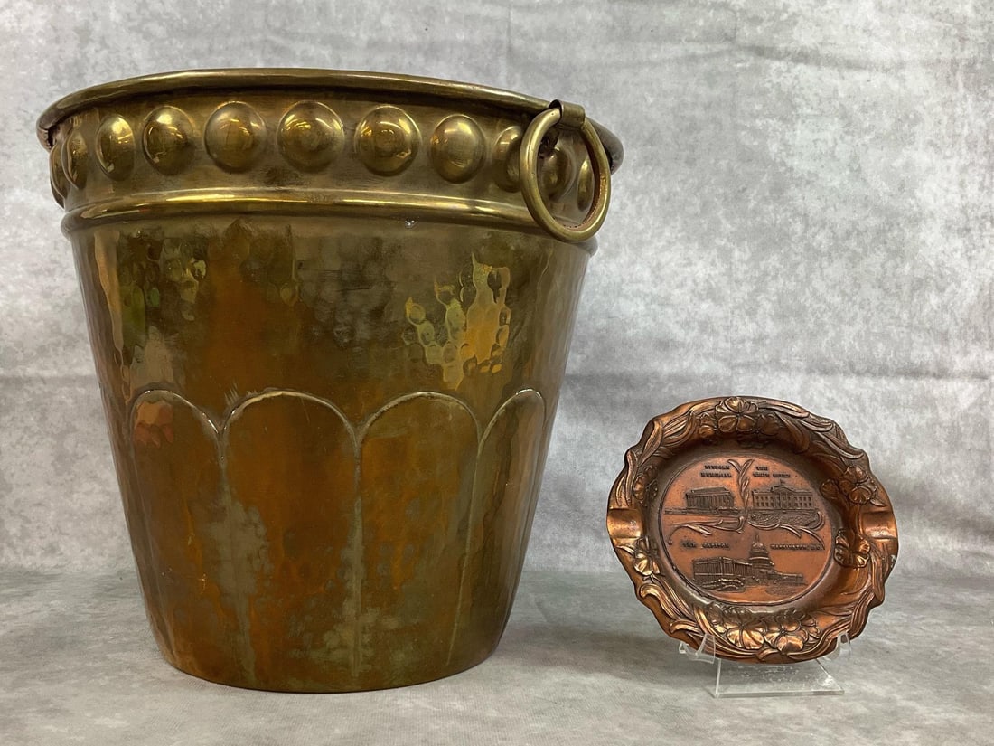 Brass Planter & Copper Tray: Two mid century pieces. PWF Soild Brass planter from India with hammered design. And copper souvenir tray of US Capitol Building. Some patina on both pieces, otherwise in good condition. Planter