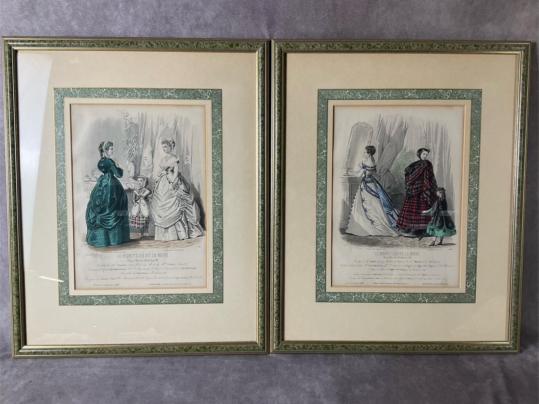 Le Moniteur Magazine Framed Ads: Two weekly Paris fashion magazine matted and framed ads from early 1900s. Le Moniteur de la Mode magazine plates drawn by artist, illustrator, and lithographer Jules David. In good condition.
