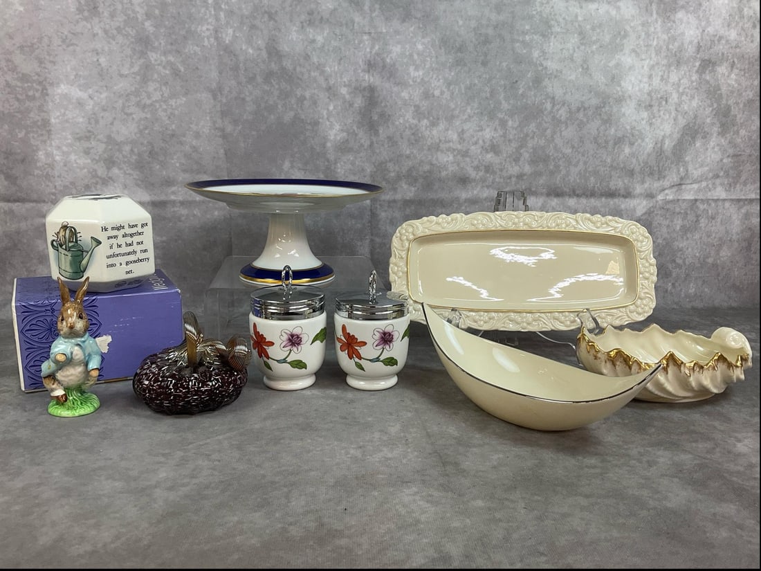 Vintage Lenox & More: Pedestal stand by Schumann marked "Bountiful", three ivory with gold or silver trimmed Lenox dishes, and two Royal Worcester egg coddlers. Includes Wedgewood Peter Rabbit Bank and figurine, and hand