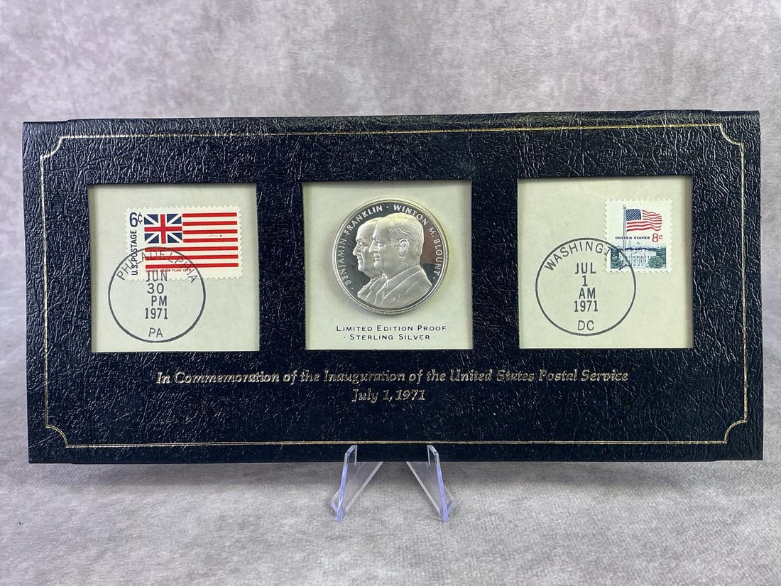 Sterling Silver Medal: Franklin Mint limited edition proof sterling silver commemorative medal and stamp set for the inauguration of the United States Postal Service. The metal has a fineness of 0.925 Sterling silver. In