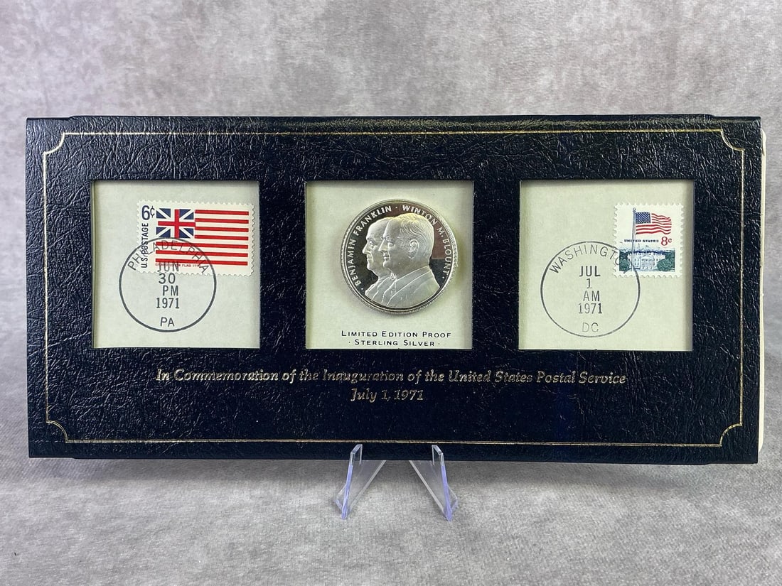 Sterling Silver Medal: Franklin Mint limited edition proof sterling silver commemorative medal and stamp set for the inauguration of the United States Postal Service. The metal has a fineness of 0.925 Sterling silver. In