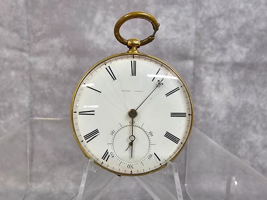 22kt Gold Pocket Watch: 1880s key wind Girard Geneve open face pocket watch with second hand subdial. Watch is unmarked but is tested and held to 22kt. Movement cover is engraved Ancre Ligne Droite Balancier Compense 13