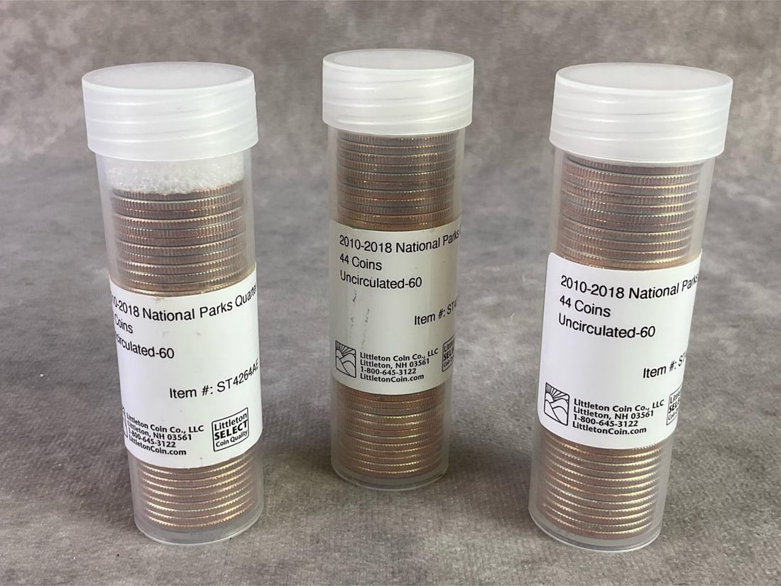 Uncirculated 2010-2018 National Parks Quarters: Lot of 129 uncirculated 2010 through 2018 National Parks Quarters. All in original tubes. Each tube measures 1.15 inches wide x 3.75 inches tall.