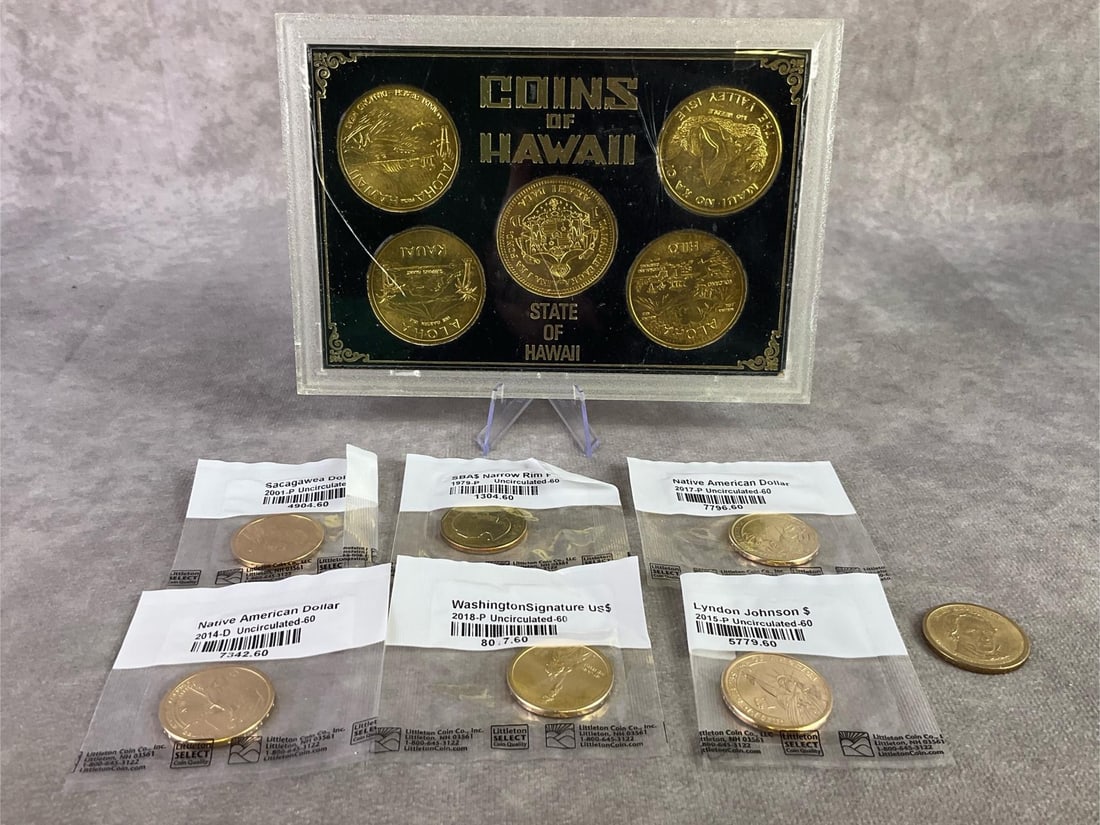 Coins of Hawaii & More: Coins of Hawaii five token dollar set in its original frame and sleeve with additional uncirculated US mint coins. All in good condition. Frame measures 6.75 inches wide x 4.75 inches tall.