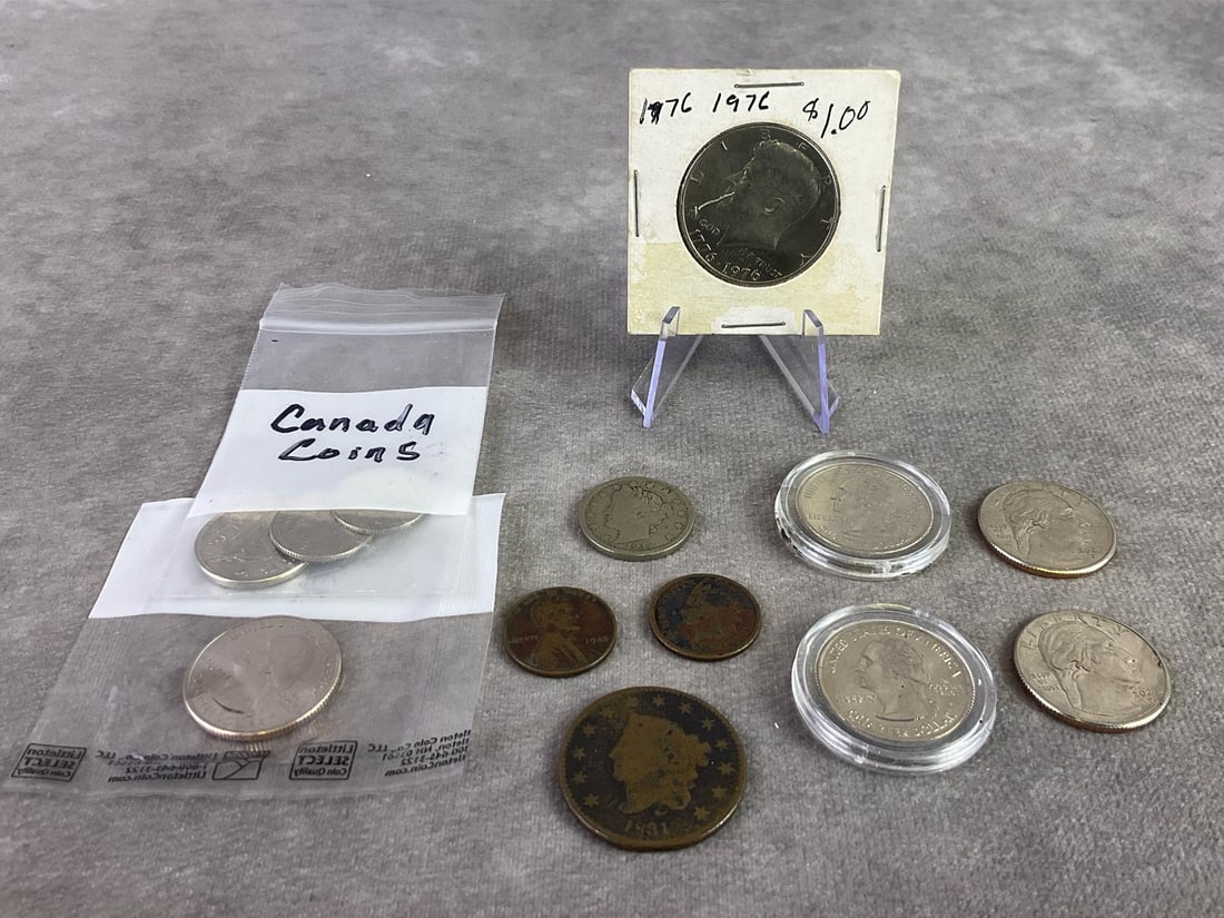 1831 United States Coronet & More: 1831 United States Coronet large coin and additional coins. All in good circulated condition with signs of age present. Coronet measures 1.1 inches in diameter.