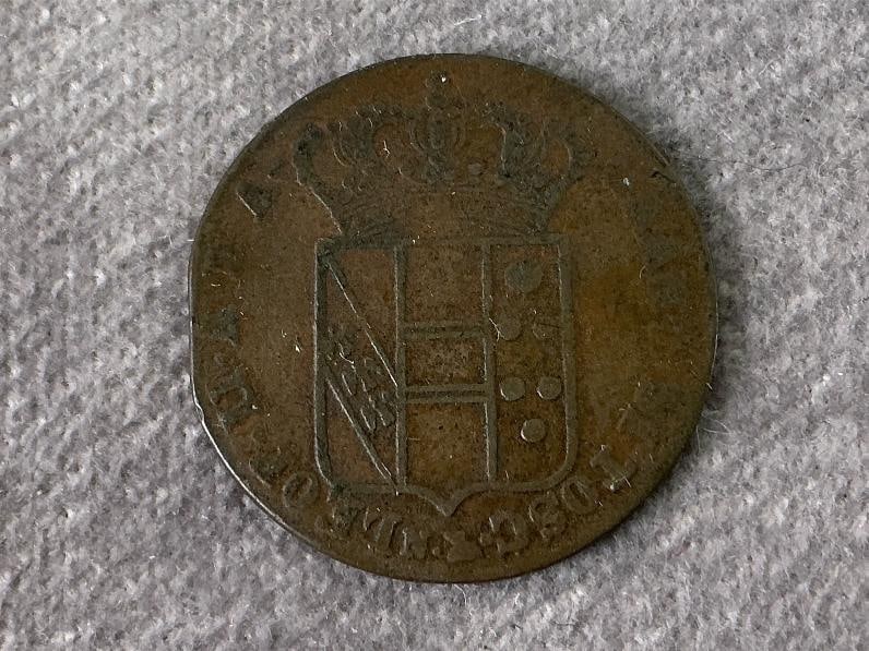 1830 Quattrini Coin: 1830 five Quattrini coin from the Grand Duchy of Tuscany. In fair circulated condition while still being identifiable. Coin measures 0.75 inches in diameter.