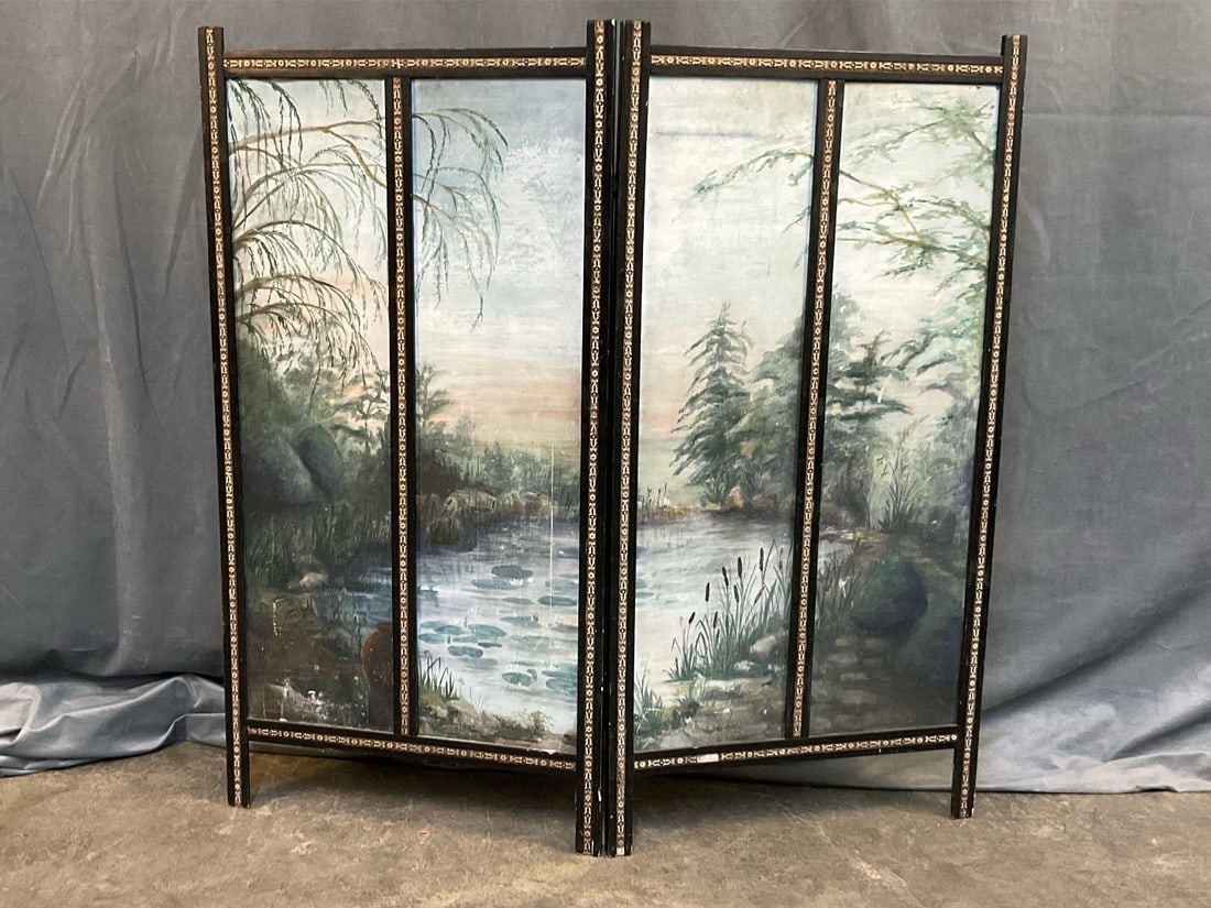 Painted Screen: Late 19th century - early 20th century two part folding floor screen with gouache and watercolor on four framed board panels. Several areas of water streak damage and several small cracks to boards.