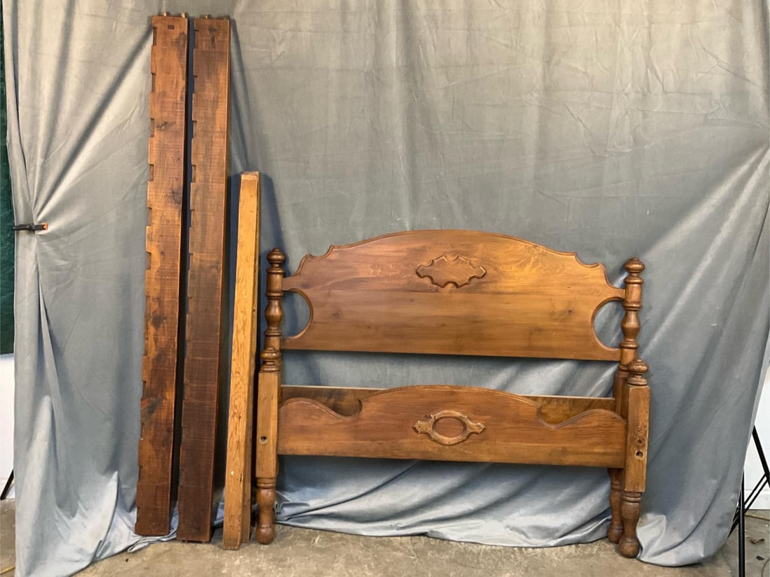Antique Bed: Mid - late 19th century pine and walnut bed with four pine slats. Original rail bolts included. Repair to headboard (small wooden brace to back), otherwise good condition. Inner mattress dimensions