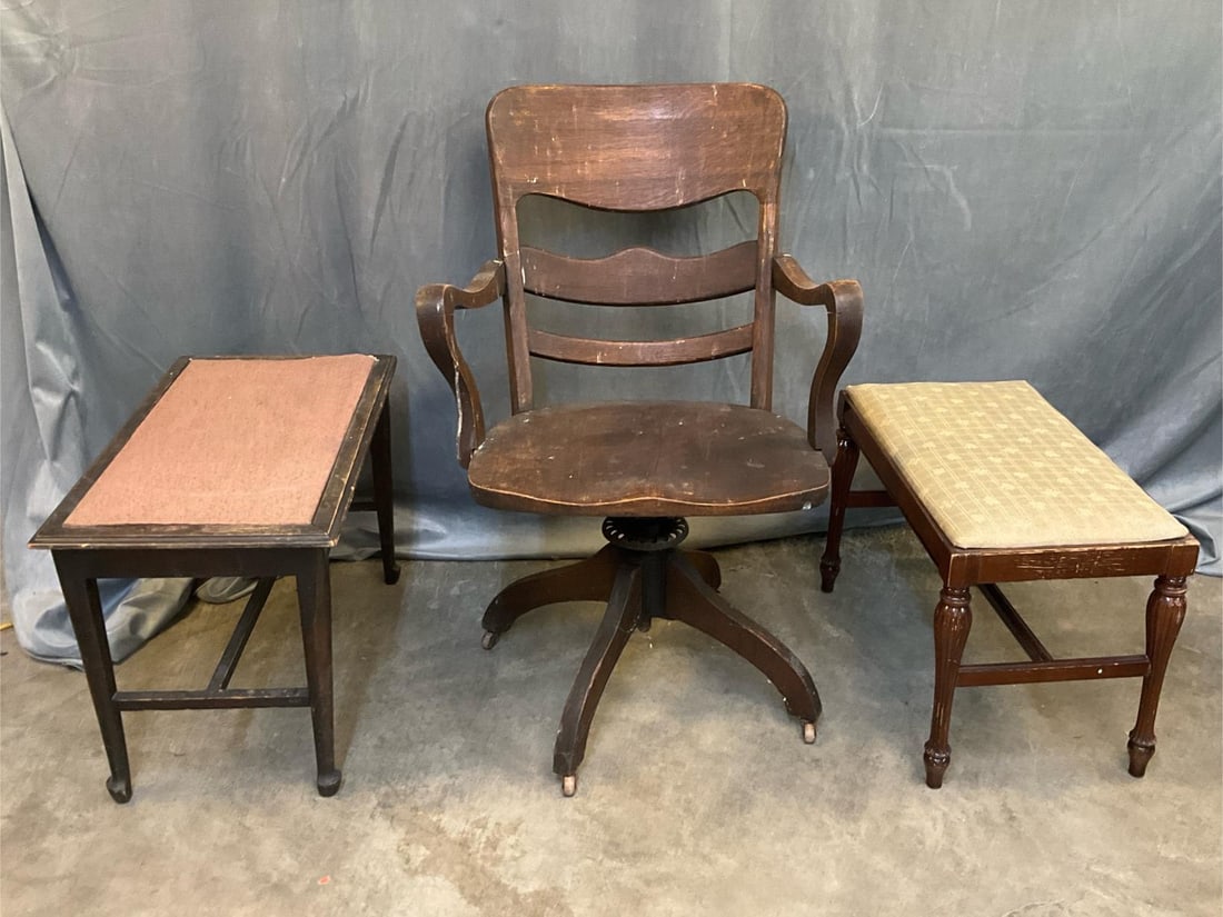 Oak Office Chair and Benches: Mid - twentieth century vintage oak adjustable office chair and two upholstered benches/stools. Chair with worn old finish, benches with faded upholstery. Chair measures 24.5 inches wide x 26 x 37.5