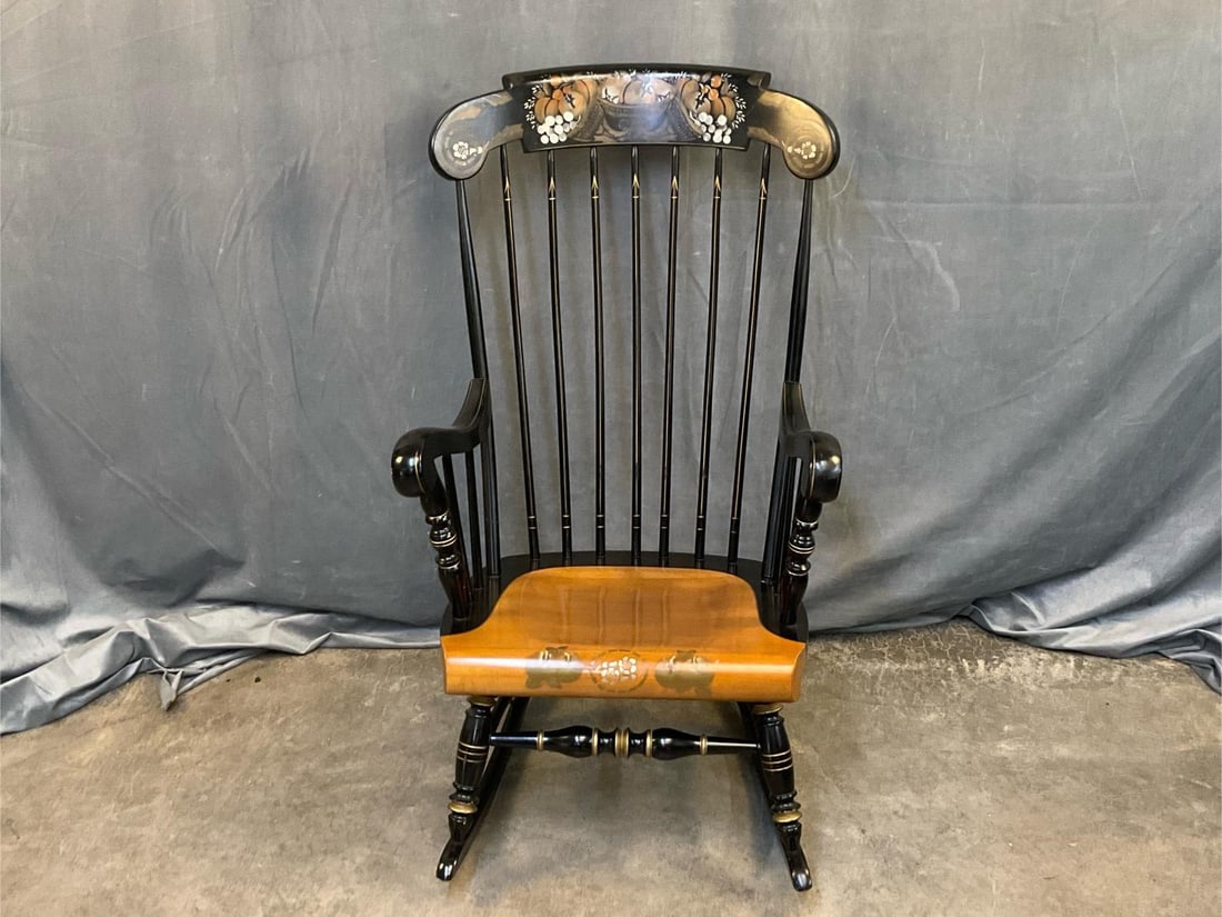 Boston Rocker: Late 20th century Ethen Allan Boston Rocker with stenciled fruit and basket of fruit stenciled on crest rail. Painted black and gold with a natural finish to seat. Stenciled "Ethan Allen Salem
