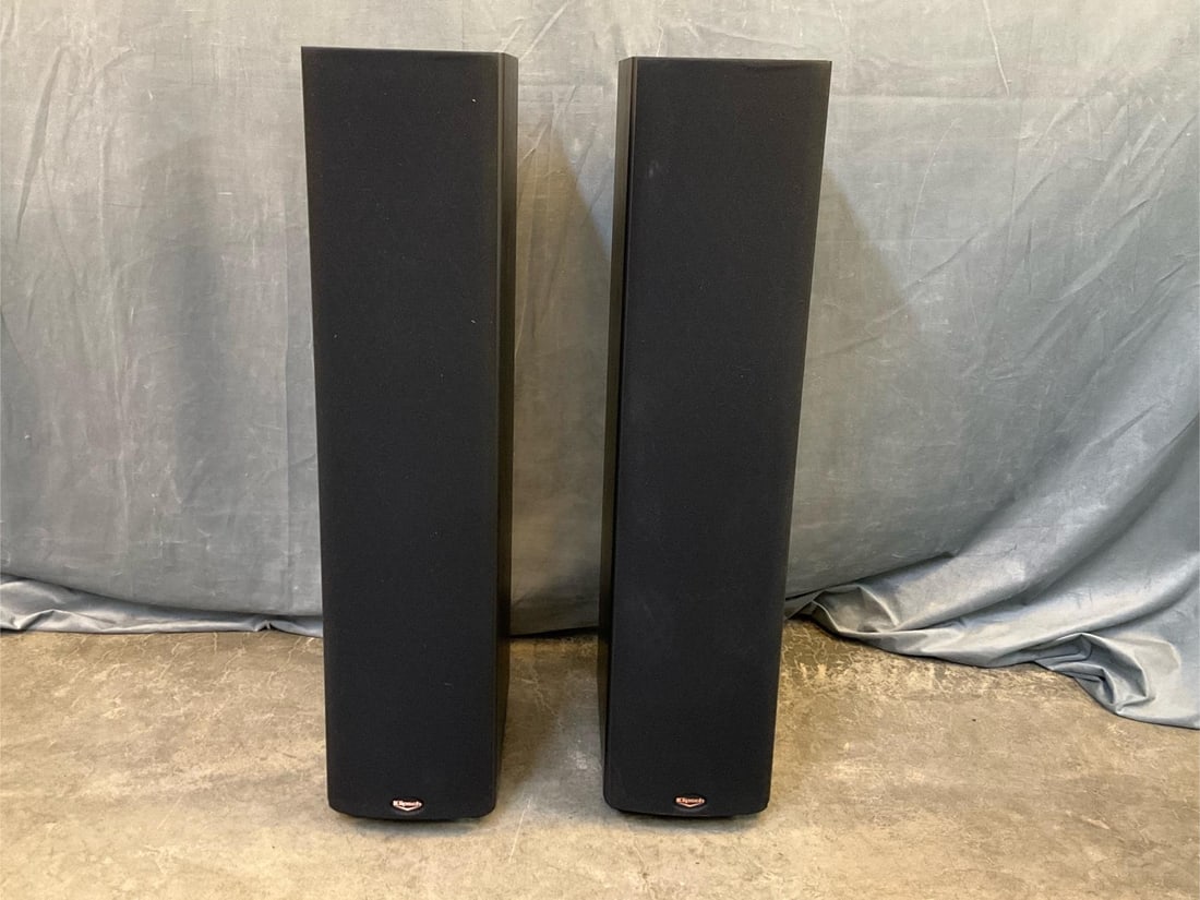 Klipsch Speakers: Late 20th century Klipsch 3- way floor standing speakers. SF 2 Black S/N: SF2 "?"?- 00180189. Not tested, otherwise no apparent damage. Measures 8 inches wide x 12 x 35 inches tall.