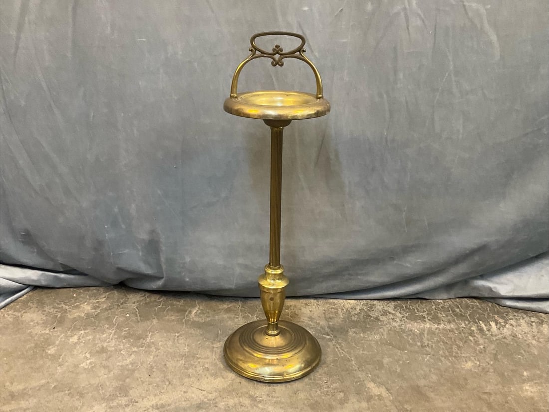 Smoking Stand: Circa 1950 vintage sheet brass smoking stand/floor standing ashtray. Good condition. Measures 9.25 inches in diameter x 28.5 inches tall.
