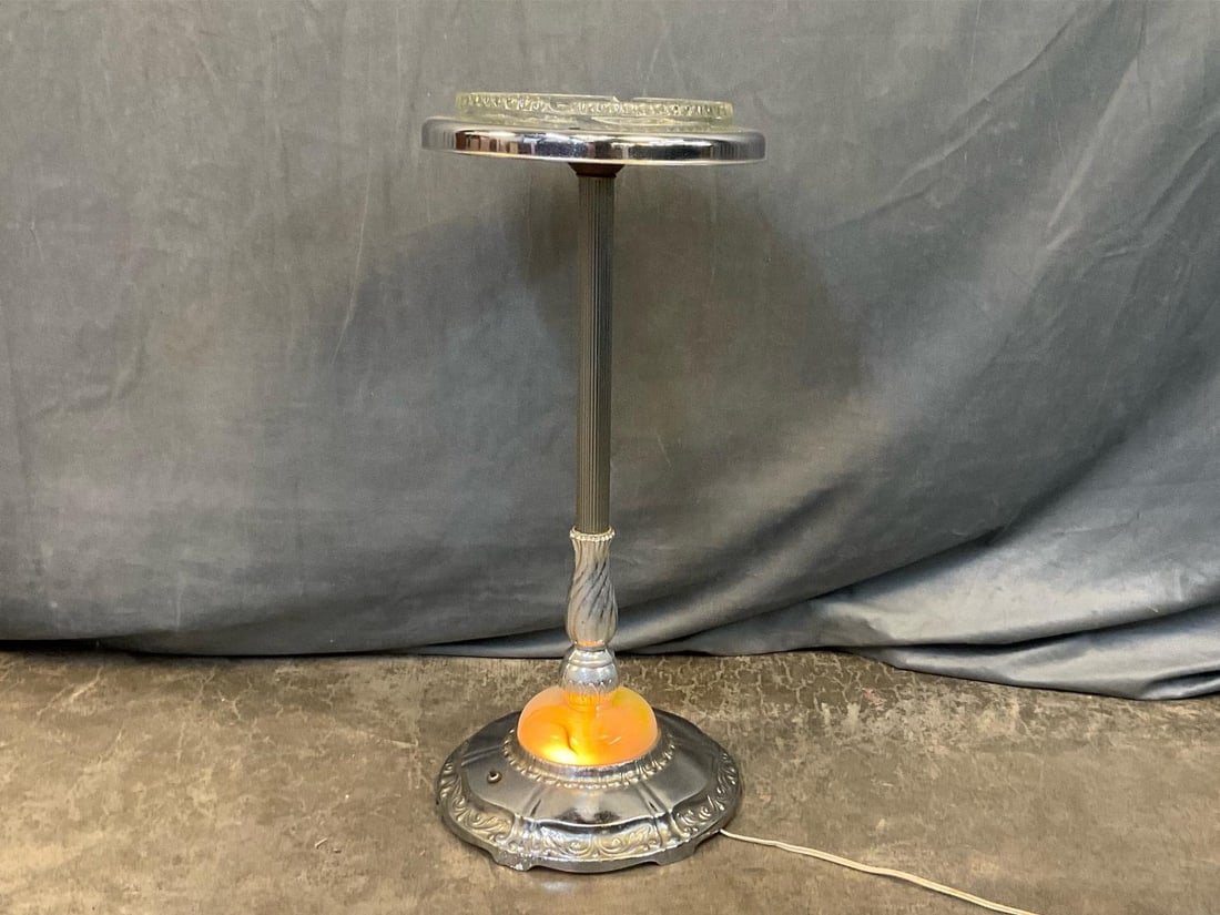 Deco Smoking Stand: MCM circa 1950's chrome and slag glass lighted smoking stand with removable glass ashtray. Tested and works. Good condition. Measures 10.5 inches in diameter x 24 inches tall.