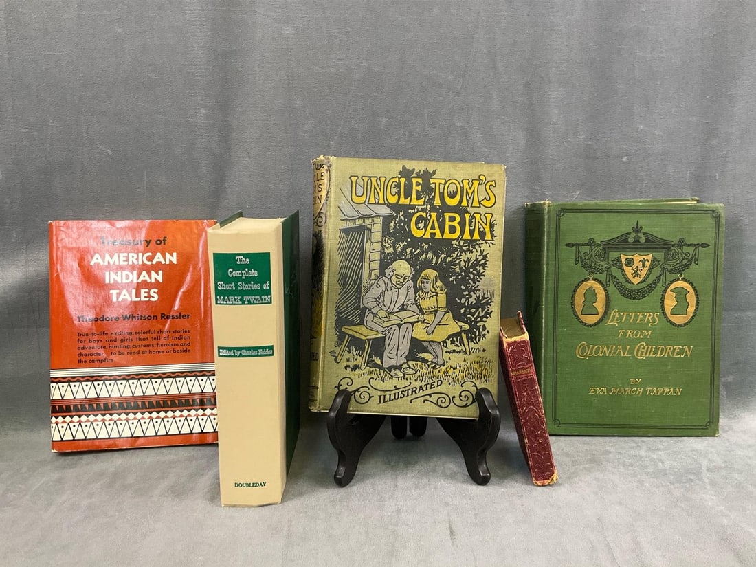 Uncle Tom's Cabin Assorted Books: Lot of five assorted antique 19th century and vintage twentieth century collectible books. One Uncle Tom's Cabin Illustrated Hurst and Company edition by Harriet Beecher Stowe. Loose broken binding