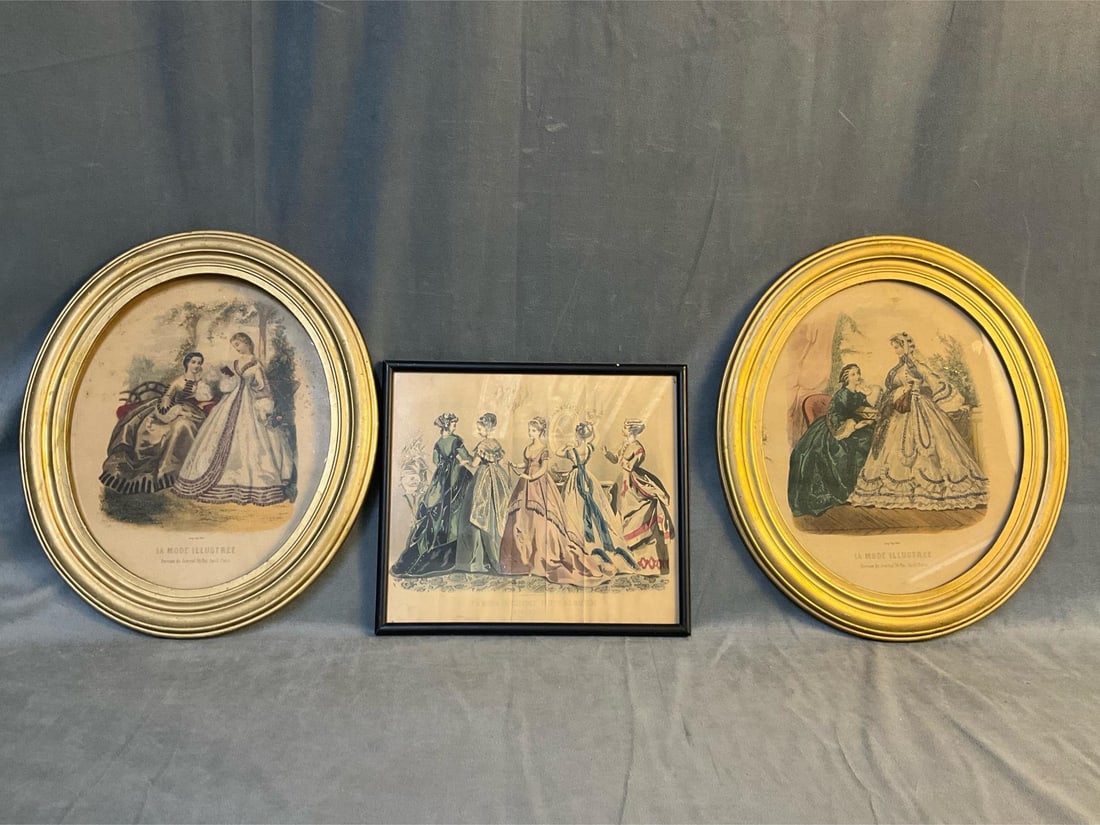Paris Fashion Prints: Lot of three late 19th century antique Victorian Era Parisienne fashion lithographic prints. One "Les Modes Parisiennes: Peterson's Magazine August 1868". Some discoloration with several creases