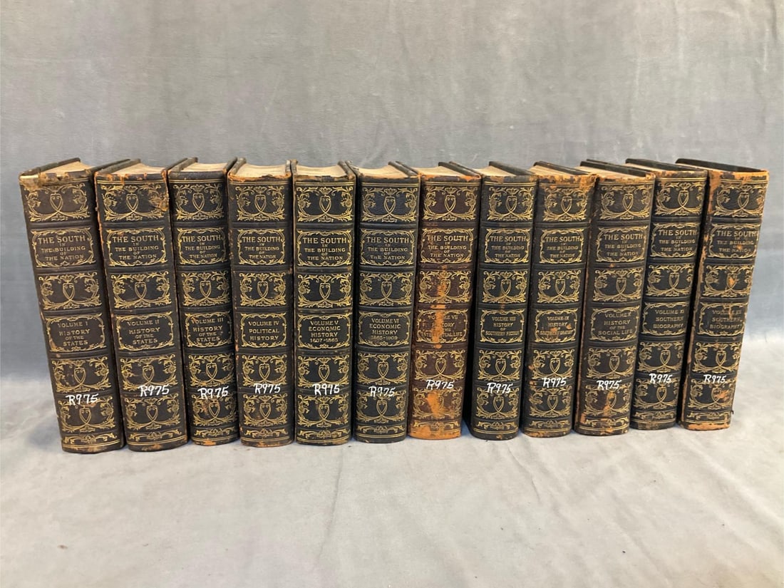 Set of The South Books: Twelve volume set of "The South In The Building Of The Nation", published 1909 by The Southern Historical Publication Society. Three quarter leather binding with gilt stamped bindings. Volumes