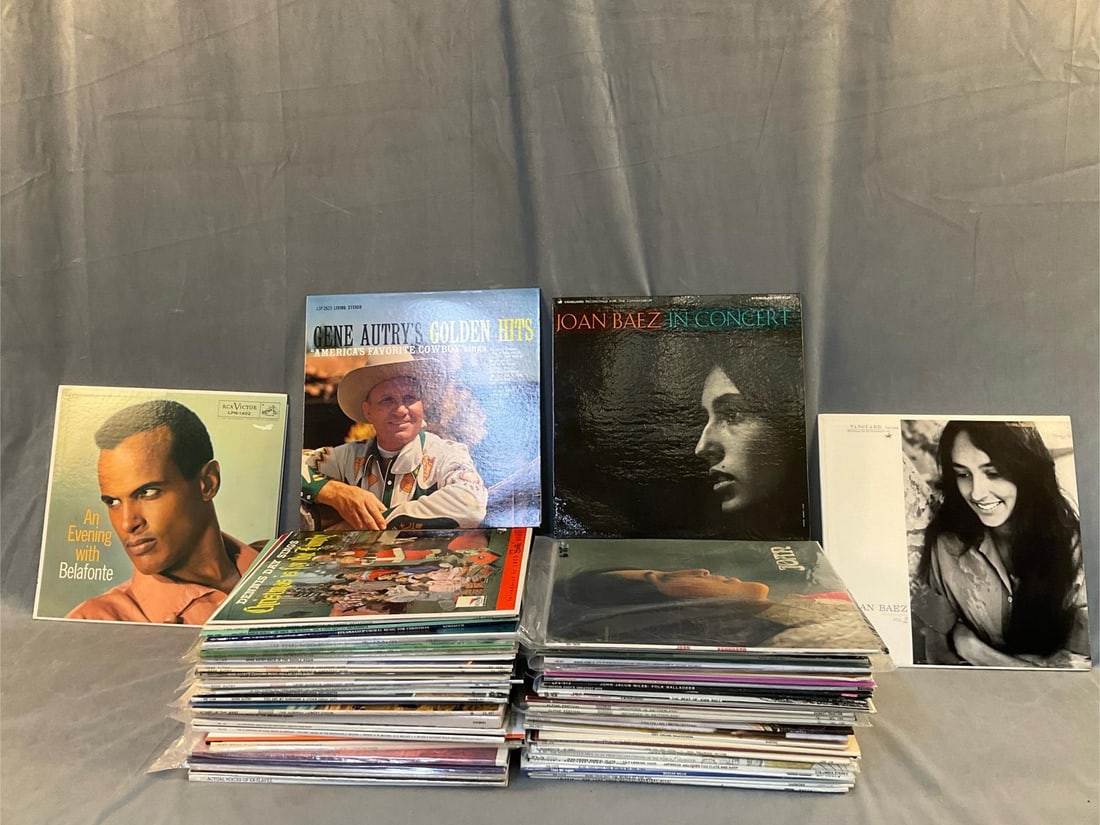 LP Records: Approximately eighty five vintage (mostly 1960's) collectible record albums with a mixed genre of American and international folk music, American Indian, and Christmas music. Featuring; Joan Baez,