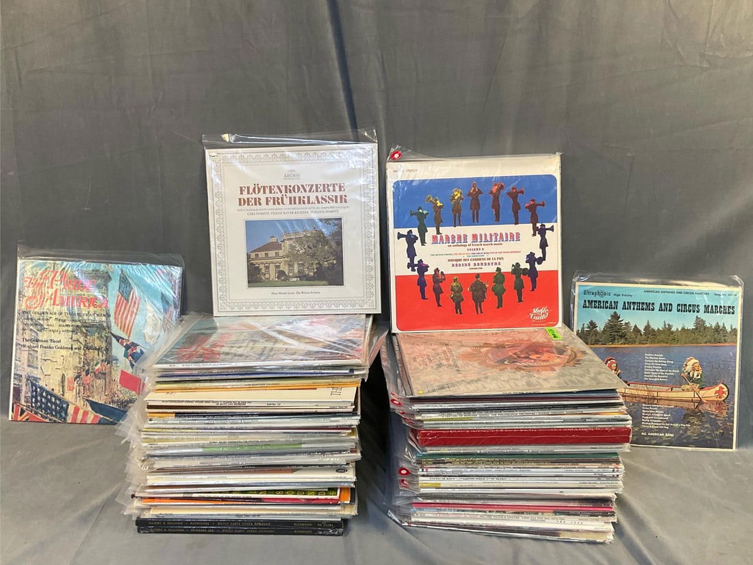 LP Records: Approximately one hundred and forty vintage collectible record albums (mostly 1960's ) with a mixed genre of marching band, orchestral, instrumental, classical, and classical baroque. Featuring; The