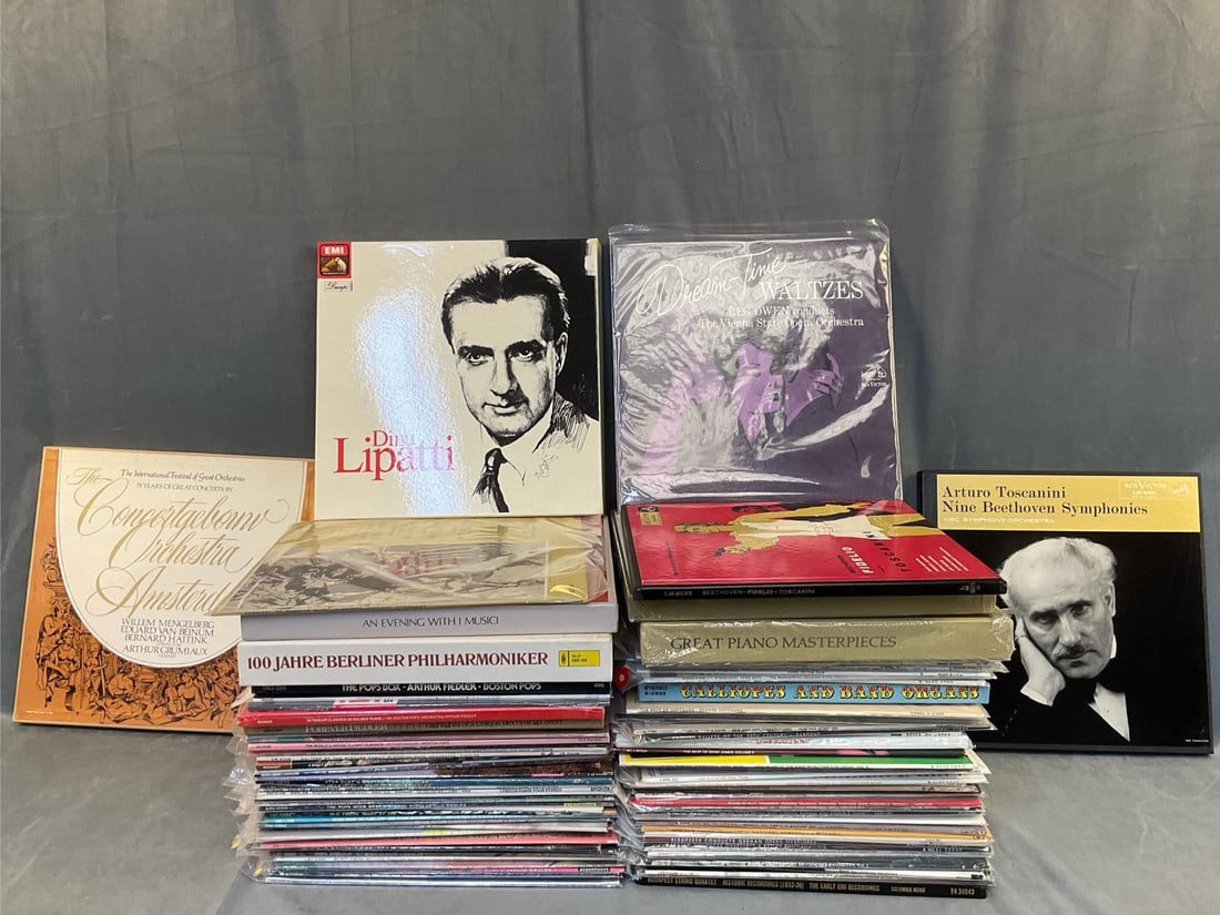LP Records: Approximate total of twelve boxed sets plus eighty mostly 1960's vintage collectible record albums. Approximately 40 Boston Pops albums, orchestral, instrumental, and several classical and opera