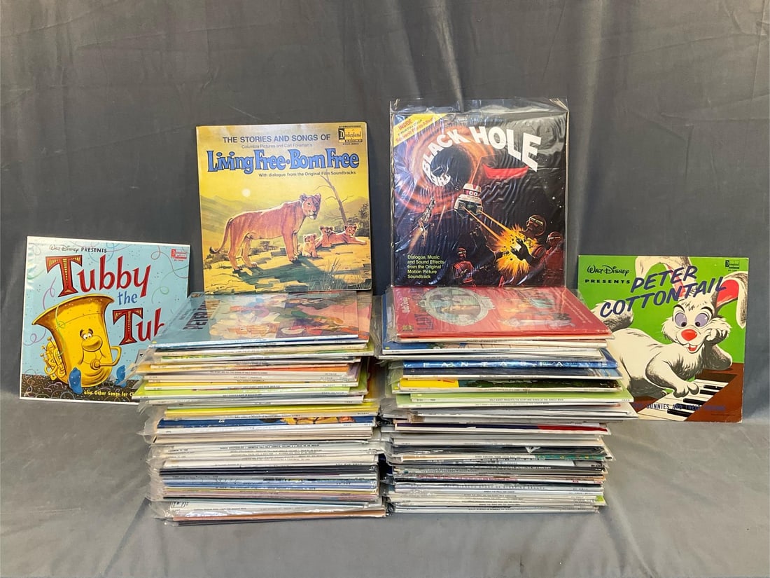 LP Records: Approximately one hundred and forty vintage (mostly 1960's) collectible record albums. Featuring; Walt Disney, Winnie the Pooh, Sleeping Beauty, Children book narrations, Curious George, Snow White,