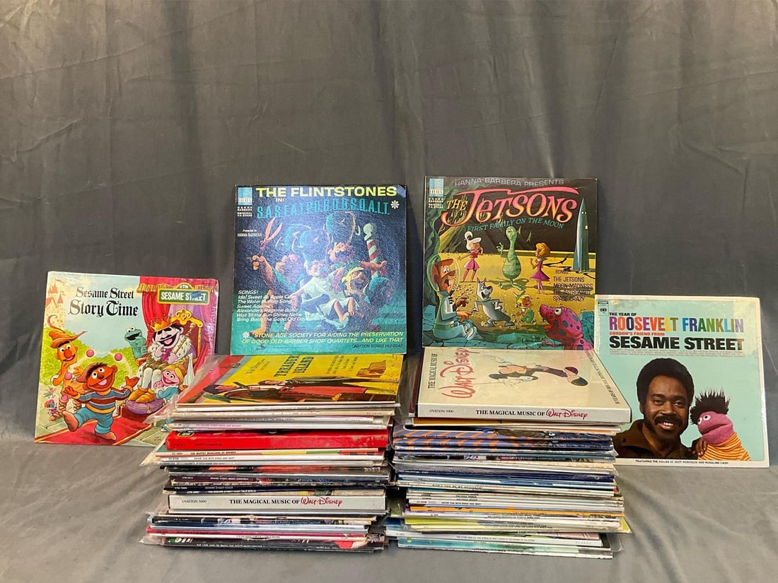 LP Records: Approximately one hundred and twenty vintage collectible 1960's and 70's children's record albums. Some sealed and some in protective plastic sleeves. Featuring; The Muppets, Bugs Bunny Songfest,