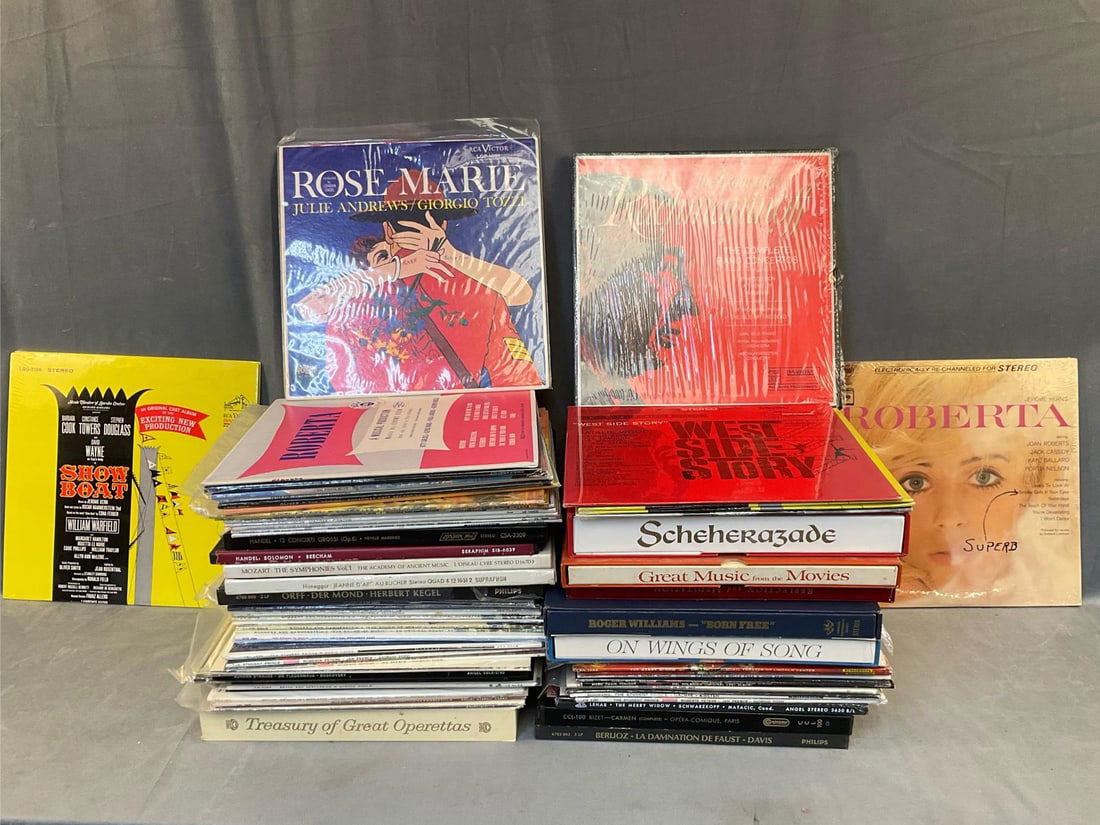 LP Records: Approximately sixteen boxed sets and approximately 50 vintage, (mostly 1950's-1960's) collectible musicals, operas, and classical albums. Featuring works works by; Mozart, Handel, Stokowski, The
